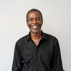 Obraz premium Warm and Engaging Portrait of a Mature African American Man in a Black Shirt with a Genuine Smile, Ideal for Corporate and Lifestyle Uses Against a Neutral Background