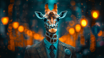 Sophisticated giraffe in a tailored suit, accessorized with a pocket watch chain, against a cityscape backdrop, lit with urban lights, exuding refinement and stature - obrazy, fototapety, plakaty