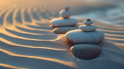 Fototapeta na wymiar Serenity in nature: balanced stones on a rippled sand dune at sunset. peace, harmony, and zen captured in a soothing photo. ideal for wellness and meditation themes. AI