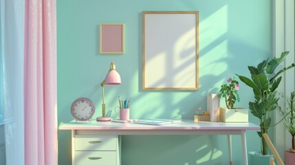 Mockup frame on a girl's study desk in a cute style room interior, 3D rendering. Generative Ai
