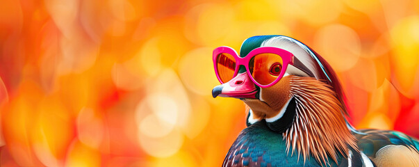 Mandarin Duck wearing glasses on Vivid and vibrant multi colored plumage background copy space