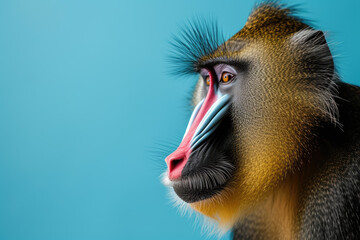 Mandrill on blue background copy space