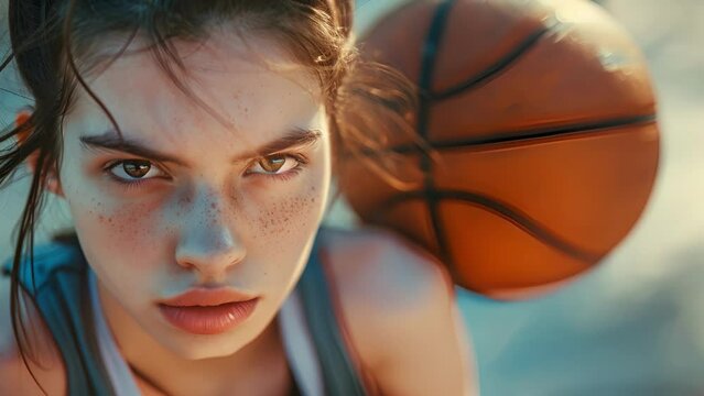 A teenage girl with a fierce expression her hand gripping a basketball as she proves her resilience and determination on the court after a difficult childhood, female Holding Basketball Near Her Face