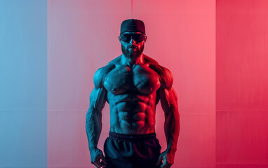 Fototapeta na wymiar bodybuilder man on solid color background. gym or health concept. Space for text