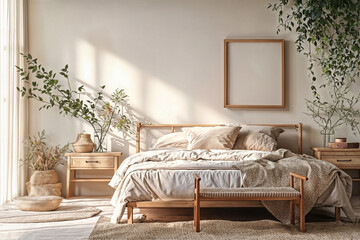 Scandinavian farmhouse bedroom interior,White cozy farmhouse bedroom interior - obrazy, fototapety, plakaty