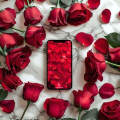 Smartphone amid vibrant red roses on marble. romantic, modern technology meets nature's beauty. love-themed design perfect for valentine's. AI
