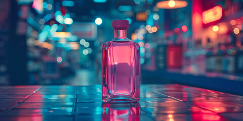 A bottle of perfume with a blue sky behind it - obrazy, fototapety, plakaty