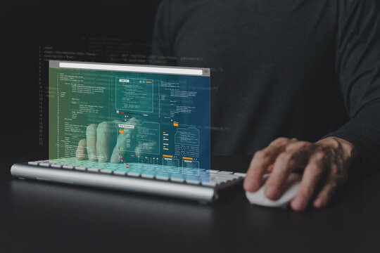 Computer software programmer or data engineering coding developer working on datum language. Information transformation development, blockchain database algorithm technology. Website programing design