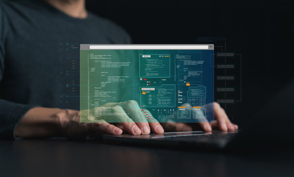 Computer software programmer or data engineering coding developer working on datum language. Information transformation development, blockchain database algorithm technology. Website programing design