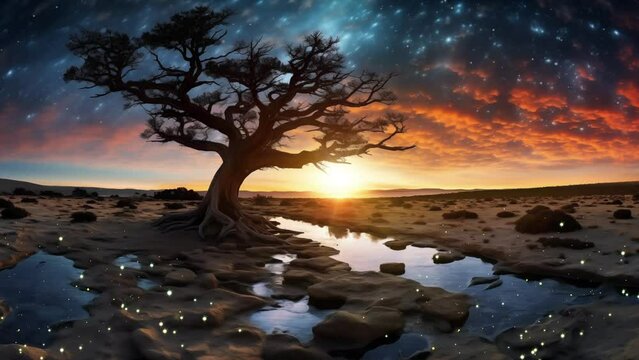 tree silhouette with beautiful sky background. mesmerizing astrophotography image of galactic echalk. seamless looping overlay 4k virtual video animation background 