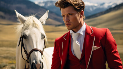 Envision a debonair horse in a velvet smoking jacket, accessorized with a pocket watch and leather riding boots. Amidst a backdrop of rolling hills, it exudes equestrian elegance and refined taste. - obrazy, fototapety, plakaty