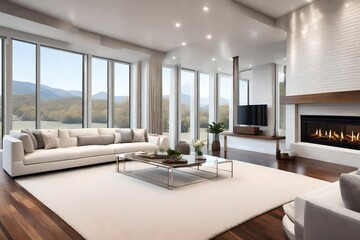 large open living room, floor to ceiling windows, granite fireplace, white furnishings and hardwood floor