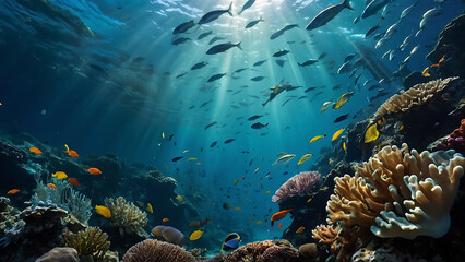 Fototapeta na wymiar underwater and vibrant coral reef teeming with diverse fish species, nestled in the clear, azure waters of the ocean