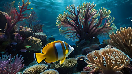 Naklejka na ściany i meble underwater and vibrant coral reef teeming with diverse fish species, nestled in the clear, azure waters of the ocean