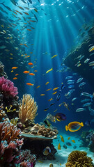Fototapeta na wymiar underwater and vibrant coral reef teeming with diverse fish species, nestled in the clear, azure waters of the ocean