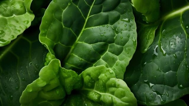 Upclose shot of dark leafy greens, such as kale and spinach, revealing their high nutrient density and ability to boost immune function and lower risk of chronic diseases.