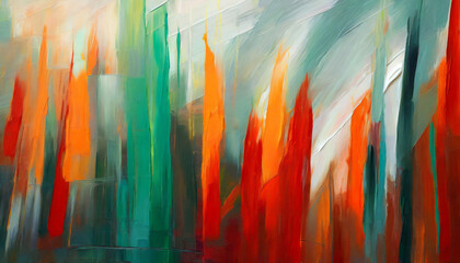 a beautiful gallery oil painting, red, jade, orange and grey, sharp lines and blended tones 