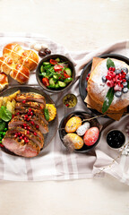 Cheerful Easter table. Traditional food at the event. Holiday concept