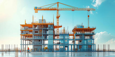 Crane and building construction site