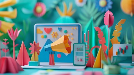 Vibrant paper art scene with a megaphone symbolizing digital marketing and data analytics on a laptop and mobile.