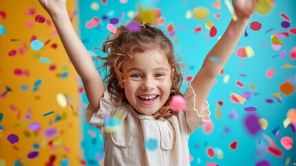 Exuberant young child throwing confetti in the air, surrounded by balloons, expressing the unadulterated happiness of a party.