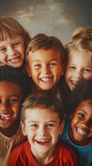 Group of young children Two boys and three girls of different nationalities were smiling and having fun.