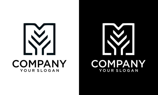 Creative linear Letter M Pine Tree Logo Design Vector Icon Graphic Emblem Illustration. letter m with tree logo icon design vector design template inspiration