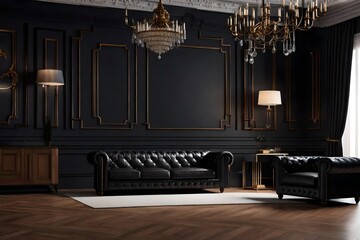 Modern classic black interior with leather sofa, floor lamp, coffee table, carpet, wood floor