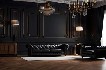 Foto op Plexiglas Modern classic black interior with leather sofa, floor lamp, coffee table, carpet, wood floor © saadulhaq