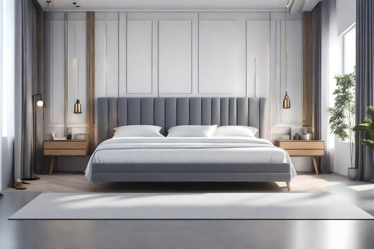 Interior of minimalistic master bedroom with white panel walls, gray floor, comfortable bed 
