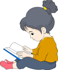 educational cartoon doodle illustration, a girl sitting reading a book for future knowledge