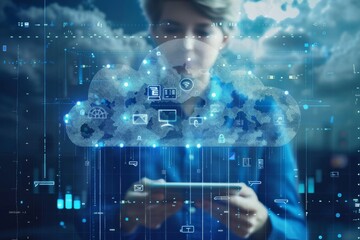 A businesswoman interacts with a futuristic cloud computing interface, reflecting the integration of advanced technology in business operations.
