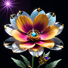Generate AI prompt: Create a 4K+ graphic of a cosmos flower in crystal glass, gemstones, gold, emphasizing its surreal beauty, intricate detailing, opulent elegance in cosmic space.(Generative AI) 