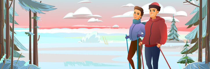 Winter sport skiing. Boy and girl in the snow. Horizontal composition. Ice and winter frost. Scenery Landscape. Fun cartoon style. Vector