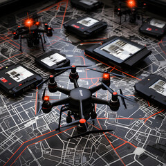 High-Tech FW Drones Displayed Over Digitized Geolocation Map: Advanced Surveillance and Tracking Technology