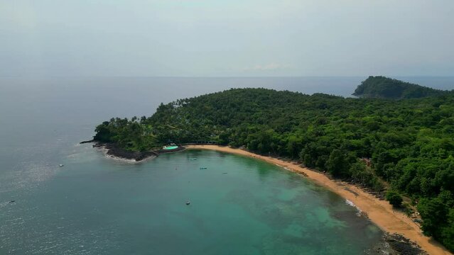 Aerial view from Santana Club and coast at São Tomé,Africa - Backeards drone shot.