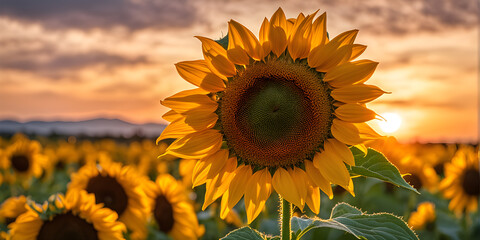 Sunflowers at sunset, close-up flower on a blurred background