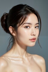 Closeup studio shot of a asian happiness beautiful young woman with freckles skin posing Sustainability portrait Close-up portrait of young and beautiful woman cosmetic skincare spa treatment concept