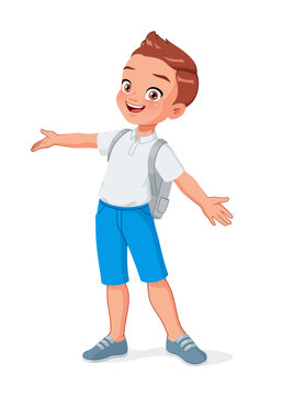 Cute little school boy greeting with wide open arms. Cartoon vector illustration.