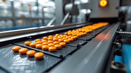 Pills moving along a conveyor system belt over blisterpack sealing machinery and space, Generative AI.