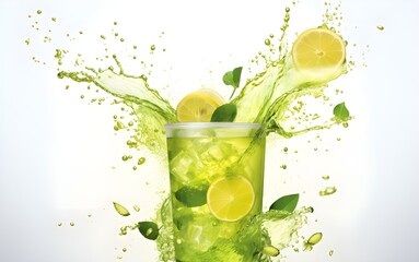 Summer drink with lemon green tea in a glass with splash isolated on white background - obrazy, fototapety, plakaty