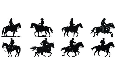 cowboy and horse running silhouettes , Cowboys ride horses, Riders on horseback - obrazy, fototapety, plakaty