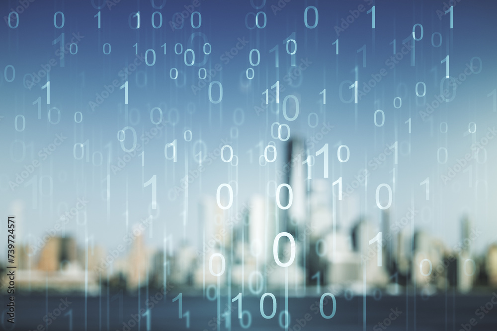 Leinwandbilder abstract virtual binary code illustration on blurry skyline background. big data and coding concept.