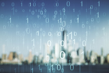 Abstract virtual binary code illustration on blurry skyline background. Big data and coding...