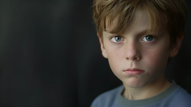 A young boy with a pained expression still reeling from the emotional scars caused by being bullied in his formative years, Close-Up of Young Boy With Blue Eyes