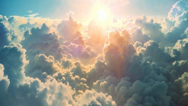Heavenly landscape, lush white clouds sky and sun
