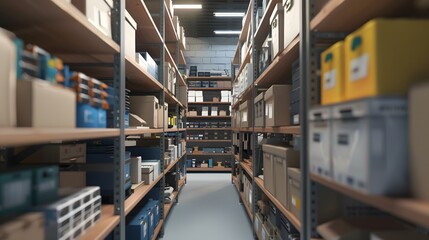 Interior of an old warehouse It Product with shelves filled with books and boxes - obrazy, fototapety, plakaty
