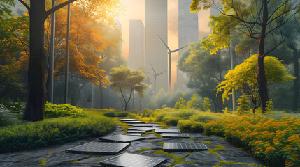 Modern cityscape with sustainable energy solutions. In the foreground, there's an array of solar panels positioned among lush greenery.