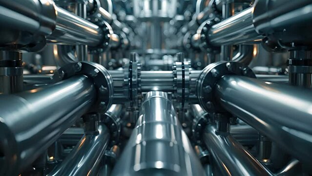 A series of pipes and valves intertwine representing the complex and interconnected nature of data integration. The pipes carry different types of data which are combined