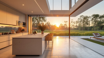 Fototapeta premium kitchen, modern architecture meets the serenity of nature; the kitchen's clean lines and spacious kitchen layout accentuate the peaceful surroundings